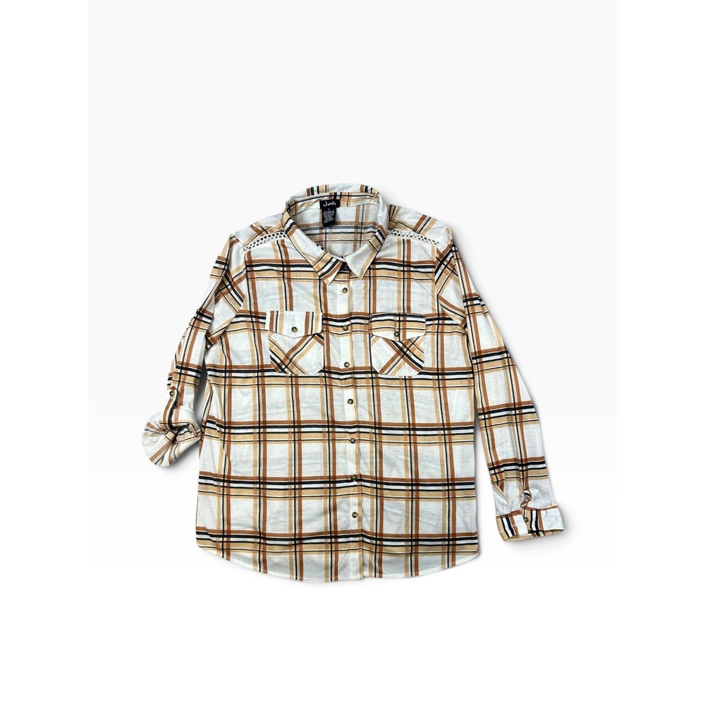 Justify Roll-Tab Button-Up Embroidered Accent Women's Size 1X (XL) Plaid Blouse
